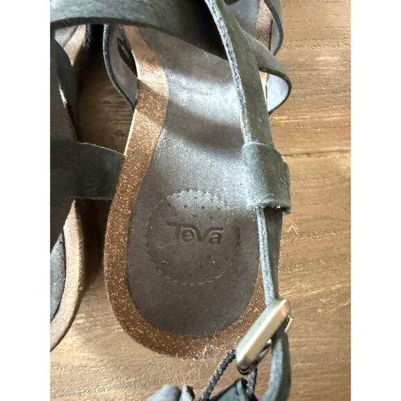 Teva Mahonia Wedge Sandal Size 9 Black Leather Cross Strap Cork Sole - Picture 5 of 6
